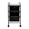 smoke colored three drawer organizer with wheels front view