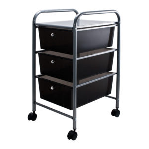 smoke colored three drawer organizer with wheels left view