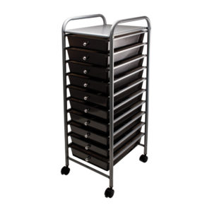 smoke colored ten drawer organizer with wheels left view